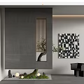 Modern Entryway Design With Gray Wall Wooden Grille Green Plant And Black White Geometric Art