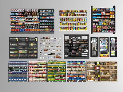 Various Multi Tiered Retail Display Shelves With Cosmetics Snacks Beverages For Store Product 3d model