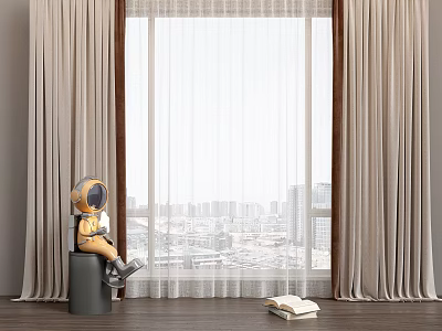 Beige Sheer Curtains By Window With City View In Modern Room 3d model