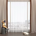 Beige Sheer Curtains By Window With City View In Modern Room