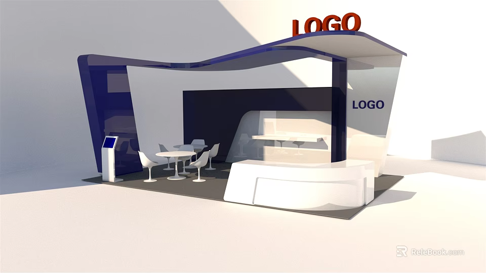 Modern Exhibition Booth Design With Logo Sign Reception Counter And Chairs 3d model 