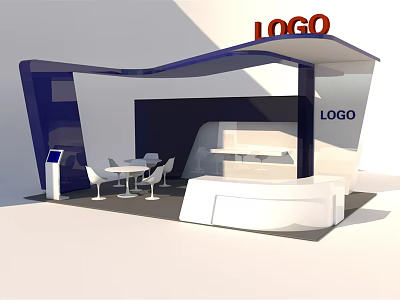 Modern Exhibition Booth Design With Logo Sign Reception Counter And Chairs 3d model
