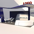Modern Exhibition Booth Design With Logo Sign Reception Counter And Chairs