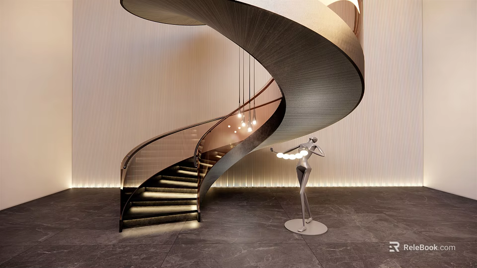 Modern Interior With Wooden Spiral Staircase Lighting Silver Sculpture Dark Flooring And Light Striped Walls 3d model 