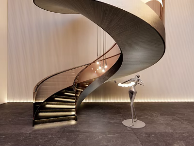 Modern Interior With Wooden Spiral Staircase Lighting Silver Sculpture Dark Flooring And Light Striped Walls 3d model