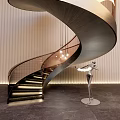 Modern Interior With Wooden Spiral Staircase Lighting Silver Sculpture Dark Flooring And Light Striped Walls