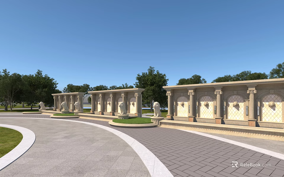 Classical Landscape Walls With Columns And Decorative Panels In Tree Surrounded Plaza 3d model