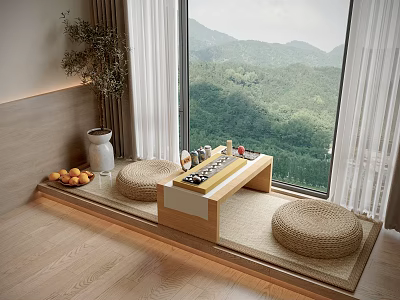Natural Style Tea Table With Floor Cushions And Mountain Window View 3d model