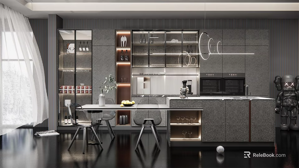 Modern Restaurant Interior With Dining Table Chairs Pendant Lighting And Decorative Cabinets 3d model 