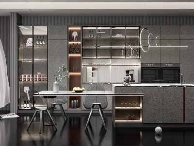 Modern Restaurant Interior With Dining Table Chairs Pendant Lighting And Decorative Cabinets 3d model