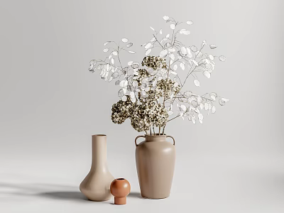 Elegant Light Brown Vase and Orange Pottery with White Gold Floral Stems 3d model