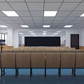 School Classroom Interior With Blue Tables Chairs Ceiling Lights And Wall TVs 3d model