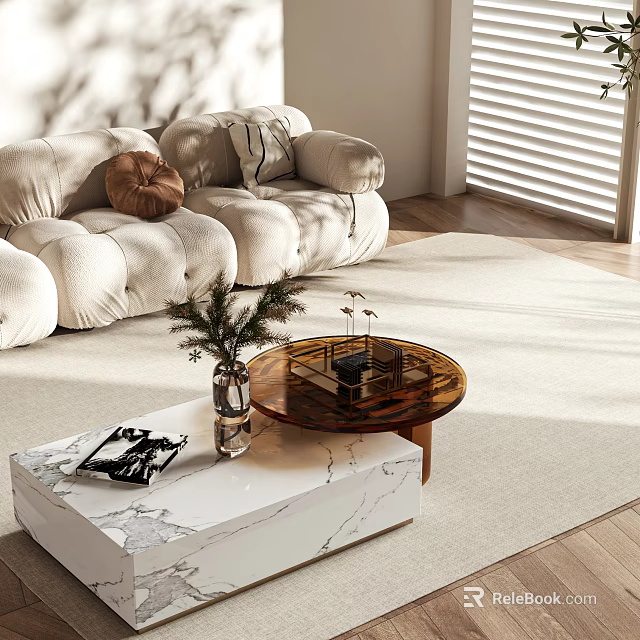 Modern Sofa and Coffee Table Set with Soft Upholstery Marble Glass Tops and Decorative Plants 3d model 