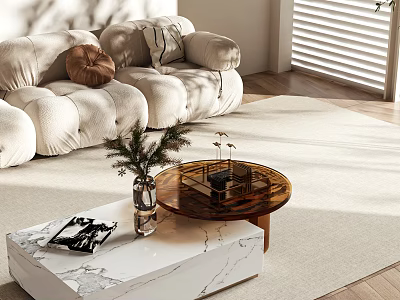Modern Sofa and Coffee Table Set with Soft Upholstery Marble Glass Tops and Decorative Plants 3d model