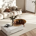 Modern Sofa and Coffee Table Set with Soft Upholstery Marble Glass Tops and Decorative Plants