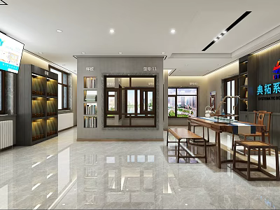 Diangexi Showroom Interior Spacious Bright With Display Cabinets Long Table Chairs Large Screen And Windows 3d model