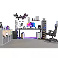 Modern Display Shelves in Gaming Workstation with Organized Electronics and Decor Items 3d model