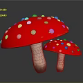Two Red Mushrooms With White Spots And Wooden Stems On Dark Background