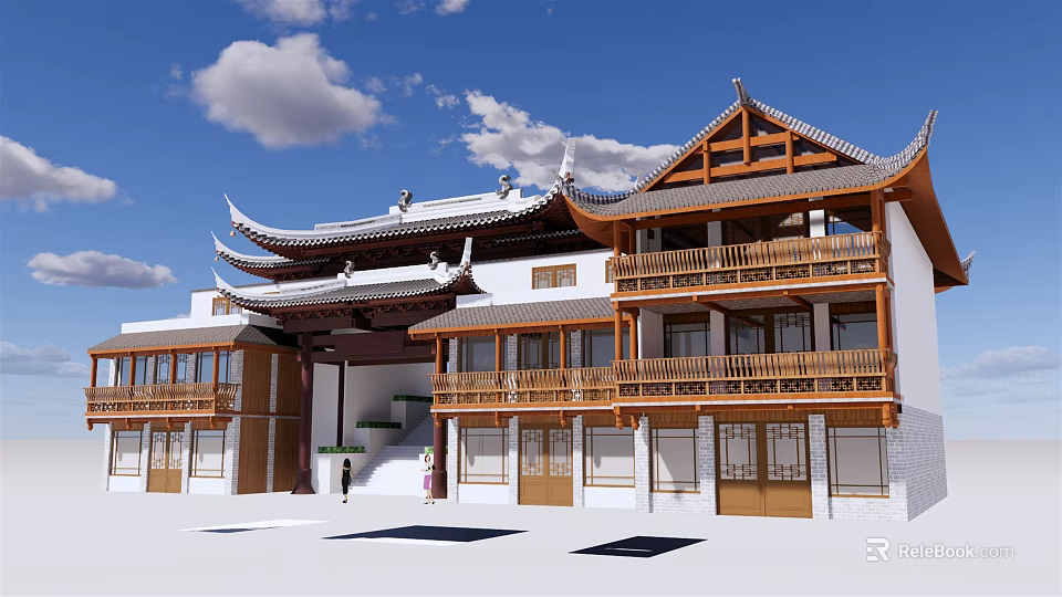 Traditional Chinese Ancient Architecture With Curved Cornices Wooden Balconies And White Walls 3d model 