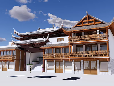 Traditional Chinese Ancient Architecture With Curved Cornices Wooden Balconies And White Walls 3d model