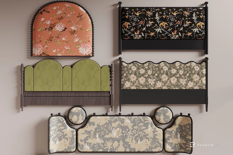 Assorted Decorative Bed Headboards Featuring Floral Patterns And Colorful Designs 3d model 