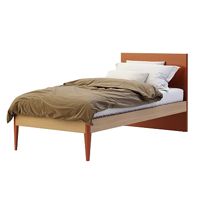 Modern Single Bed with Wooden Frame Brown Headboard Red Legs Brown Quilt and White Pillows 3d model