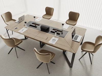 Modern Wooden Conference Table With Six Beige Chairs Laptops Documents And Water Glasses 3d model