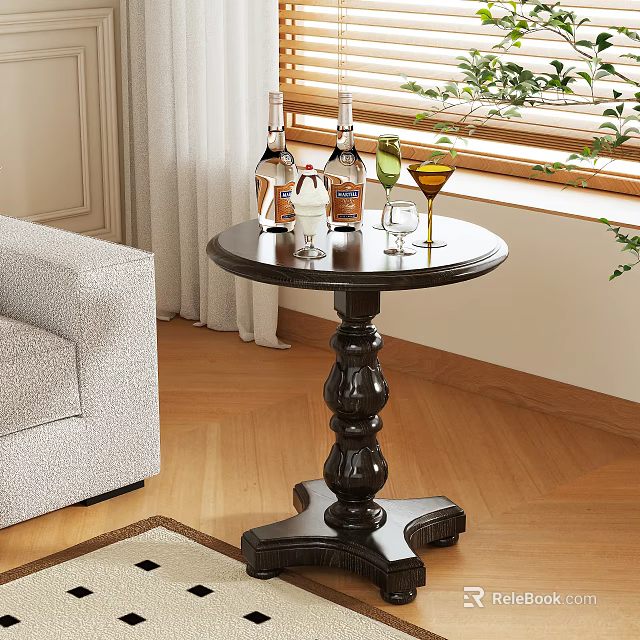Elegant Dark Wood Side Table With Carved Base Wine Glasses And Green Plant Near Sofa 3d model 