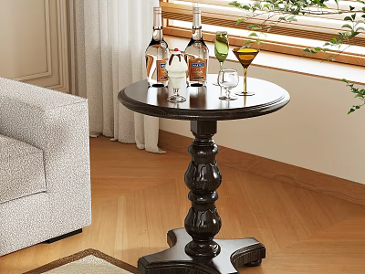 Elegant Dark Wood Side Table With Carved Base Wine Glasses And Green Plant Near Sofa 3d model