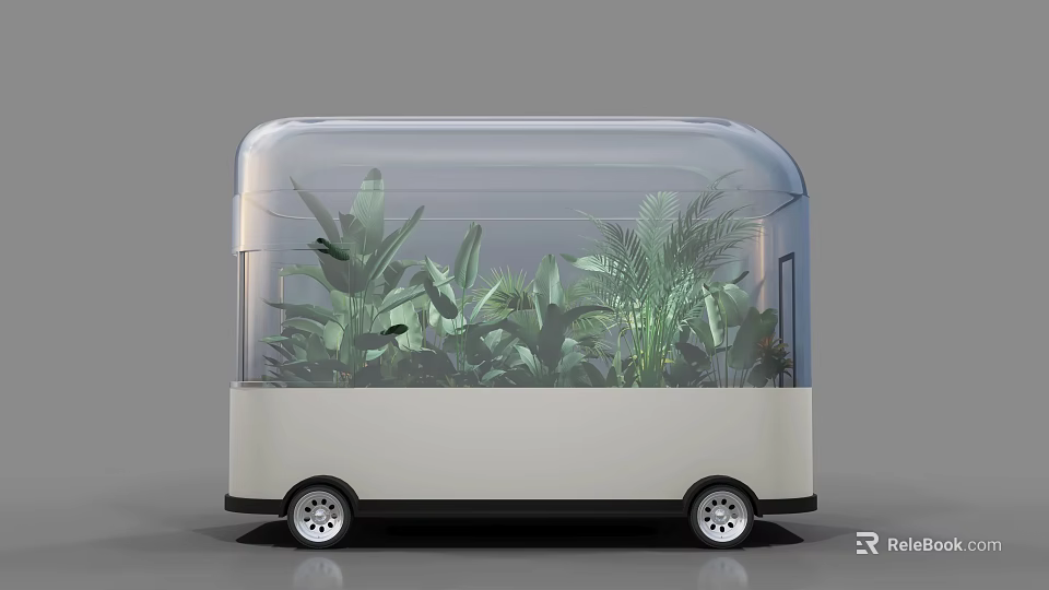 Modern Transparent Mobile Plant Container Structure With Lush Green Plants And Wheels 3d model 