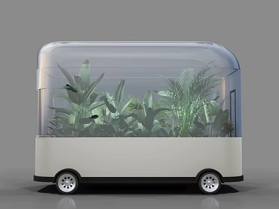 Modern Transparent Mobile Plant Container Structure With Lush Green Plants And Wheels 3d model