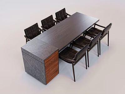 Modern Dining Table Set With Six Chairs And Wooden Drawer Cabinet 3d model