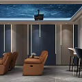 Modern Home Theater Room Featuring Starry Ceiling Projector Brown Recliner Chairs and Bar Area