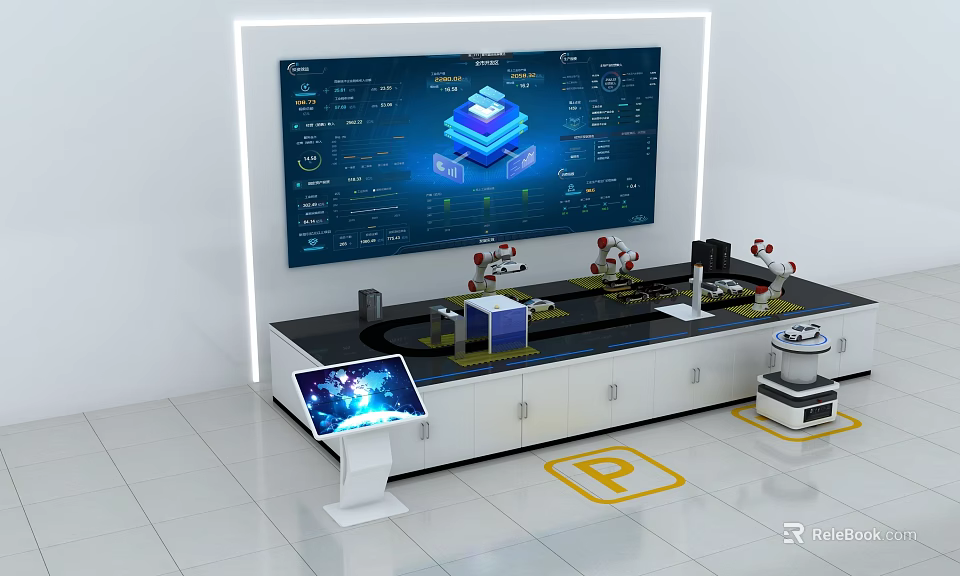 Smart Automated Commercial Equipment Featuring Robotic Arms Console and Large Screen Data 3d model 