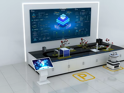 Smart Automated Commercial Equipment Featuring Robotic Arms Console and Large Screen Data 3d model
