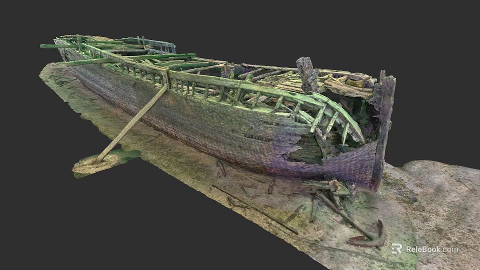 Ancient Wooden Ship Wreckage with Decayed Hull and Rustic Wooden Frames 3d model