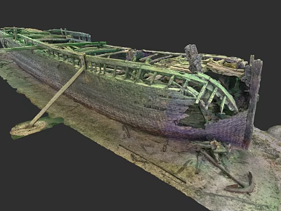 Ancient Wooden Ship Wreckage with Decayed Hull and Rustic Wooden Frames 3d model