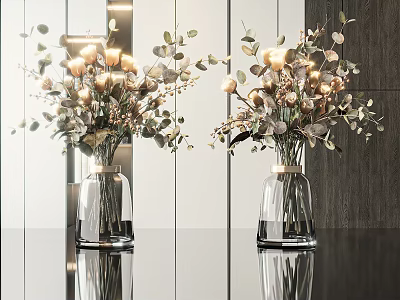 Transparent Glass Vases With Gold Rim Holding Flowers And Greenery For Modern Home Decor 3d model