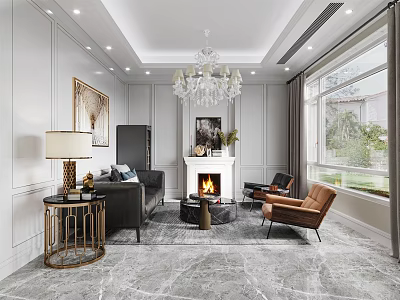 Elegant Modern Living Room Interior With Chandelier Fireplace Black Sofa And Marble Floor 3d model