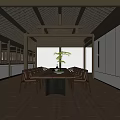 Traditional Tea Room Interior With Wooden Beams Long Table Green Plant Chairs And Warm Lighting