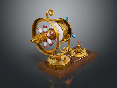 Vintage Golden Mechanical Weapon With Rotating Components Wooden Base And Brass Tubes 3d model
