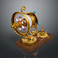 Vintage Golden Mechanical Weapon With Rotating Components Wooden Base And Brass Tubes