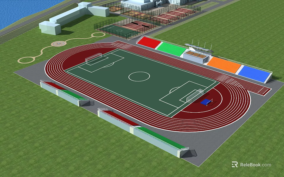 Sports Stadium Landscape Design Featuring Running Track Football Field and Green Lawn 3d model 