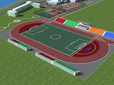 Sports Stadium Landscape Design Featuring Running Track Football Field and Green Lawn 3d model