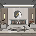 Modern Bedroom Interior Design With Circular Wall Art Wooden Nightstands Pillows And Soft Rug