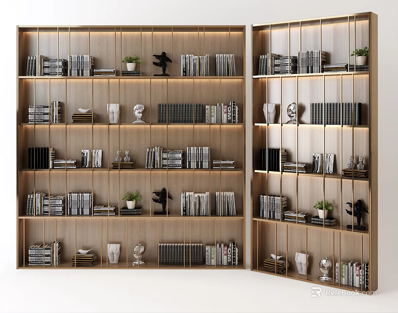 Modern Wooden Bookshelf Featuring Multiple Shelves Books Decorative Plants And Sculptures 3d model 