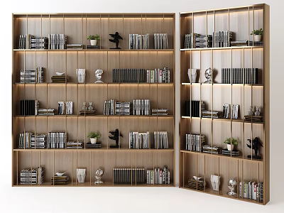 Modern Wooden Bookshelf Featuring Multiple Shelves Books Decorative Plants And Sculptures 3d model