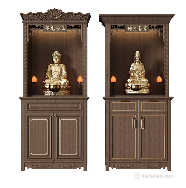 Traditional Carved Dark Wooden Buddhist Shrine Cabinet With Golden Buddha Statues And Decorative Lamps 3d model 