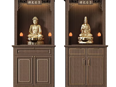 Traditional Carved Dark Wooden Buddhist Shrine Cabinet With Golden Buddha Statues And Decorative Lamps 3d model