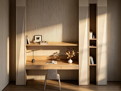 Modern Wooden Bookcase With Desk Table Lamp Photo Frame Books And Vase Flowers 3d model